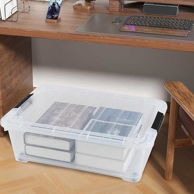 4 Packs 20 Quart Plastic Under Bed Storage Container with Lids and Wheels, Stackable and Nestable Organizer Bins, Flat Storage Box