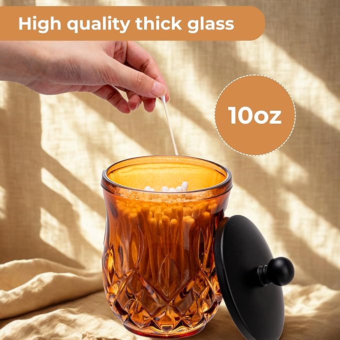 Qtip Holder,10 Oz Amber Glass Apothecary Jars with Matte Black Lids for Bathroom Organization & Desk Storage,Thick Glass Apothecary Jars for Q-Tips,Cotton Rounds, Jewelry,Candy,Round