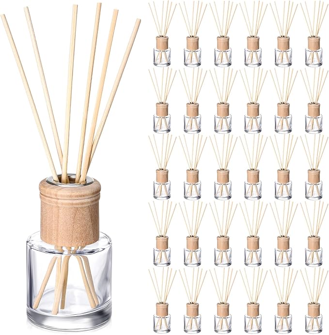Roshtia 30 Set Reed Diffuser Bottle Empty Refillable Fragrance Glass Diffuser Bottles Set with Wooden Caps Rattan Sticks 50ml 1.7 oz Round Glass Jars for DIY Fragrance