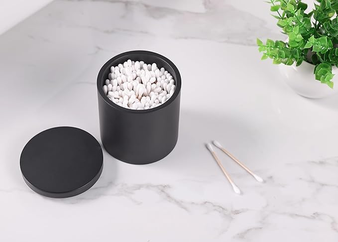 Cotton Swab Holder, Qtip Holder Dispenser with Lid, Resin Bathroom Containers,Vanity Storage Jars Organizer for Cotton Ball, Floss, Bath Salts, Bathroom Accessories, Matte Black