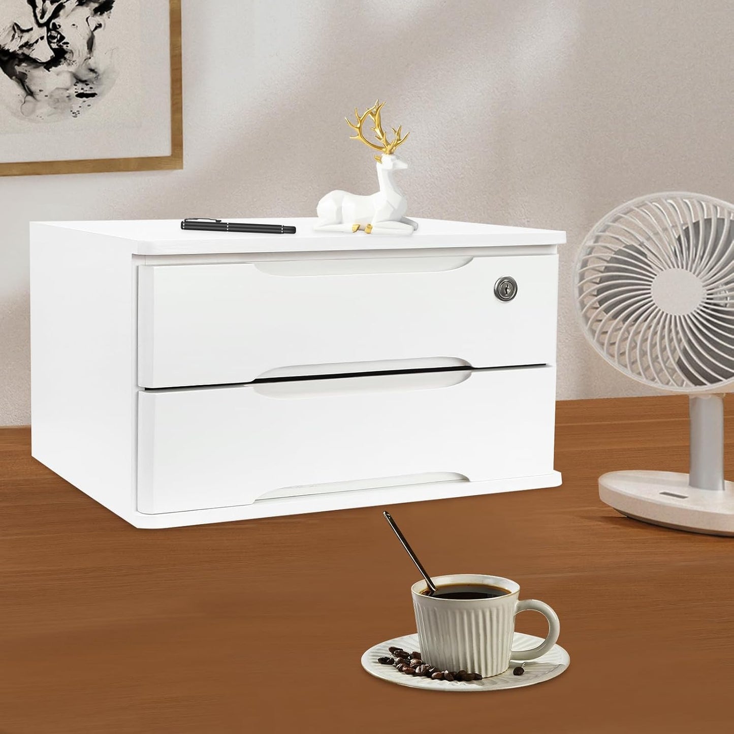 2-Tier Wooden Desktop Storage Box Desk Organizer with 2 Drawers and Lock Countertop Drawers Organizer for Office Supplies File Paper Cosmetic Jewelry, 15.4x11.8x8.5 in (White)