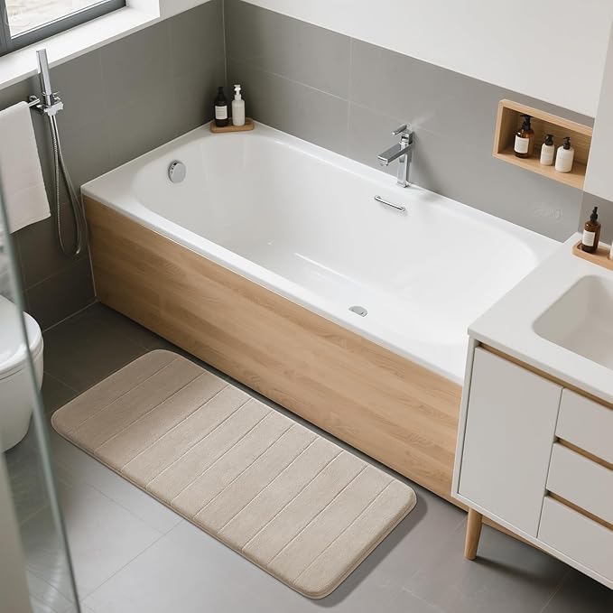 Yimobra Long Bath Mat 44"x24", Super Soft Quick Dry Memory Foam Bathroom Rug, Water Absorbent, Non Slip Backing Machine Washable for Tub Shower, Thick Comfort Support, Beige