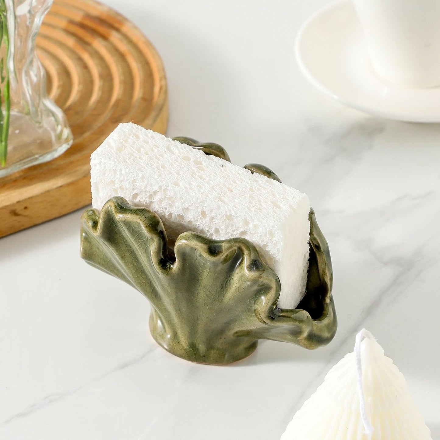 Ceramic Sponge Holder,Sponge Holder for Kitchen Sink,Compact Sink Caddy Organizer-Scouring Pad and Dish Holder,Farmhouse Kitchen Decor Cute Gadgets Accessories(Green)