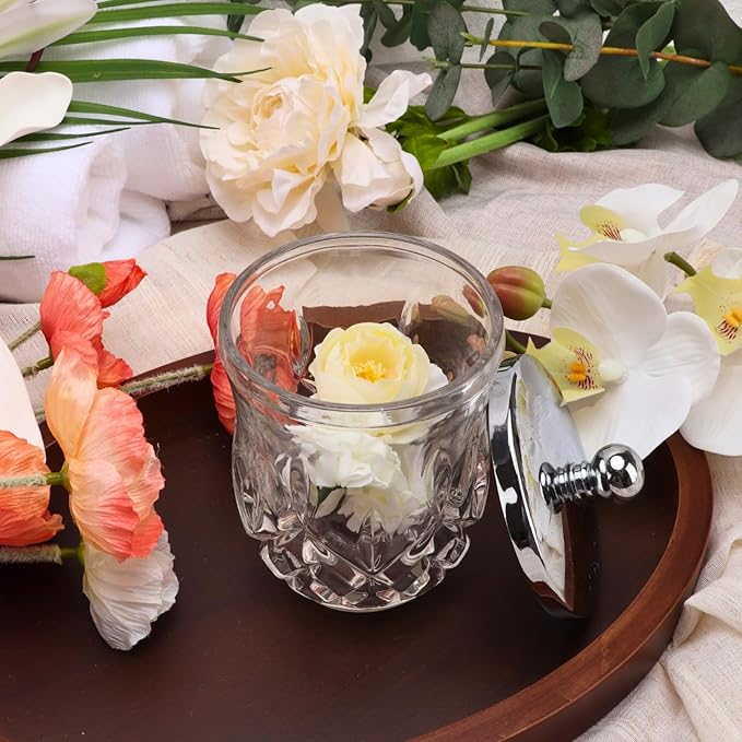 Qtip Holder,10 Oz Clear Glass Apothecary Jars with Silver Lids for Bathroom Organization & Desk Storage,Thick Glass Apothecary Jars for Q-Tips,Cotton Rounds, Jewelry,Candy,Round