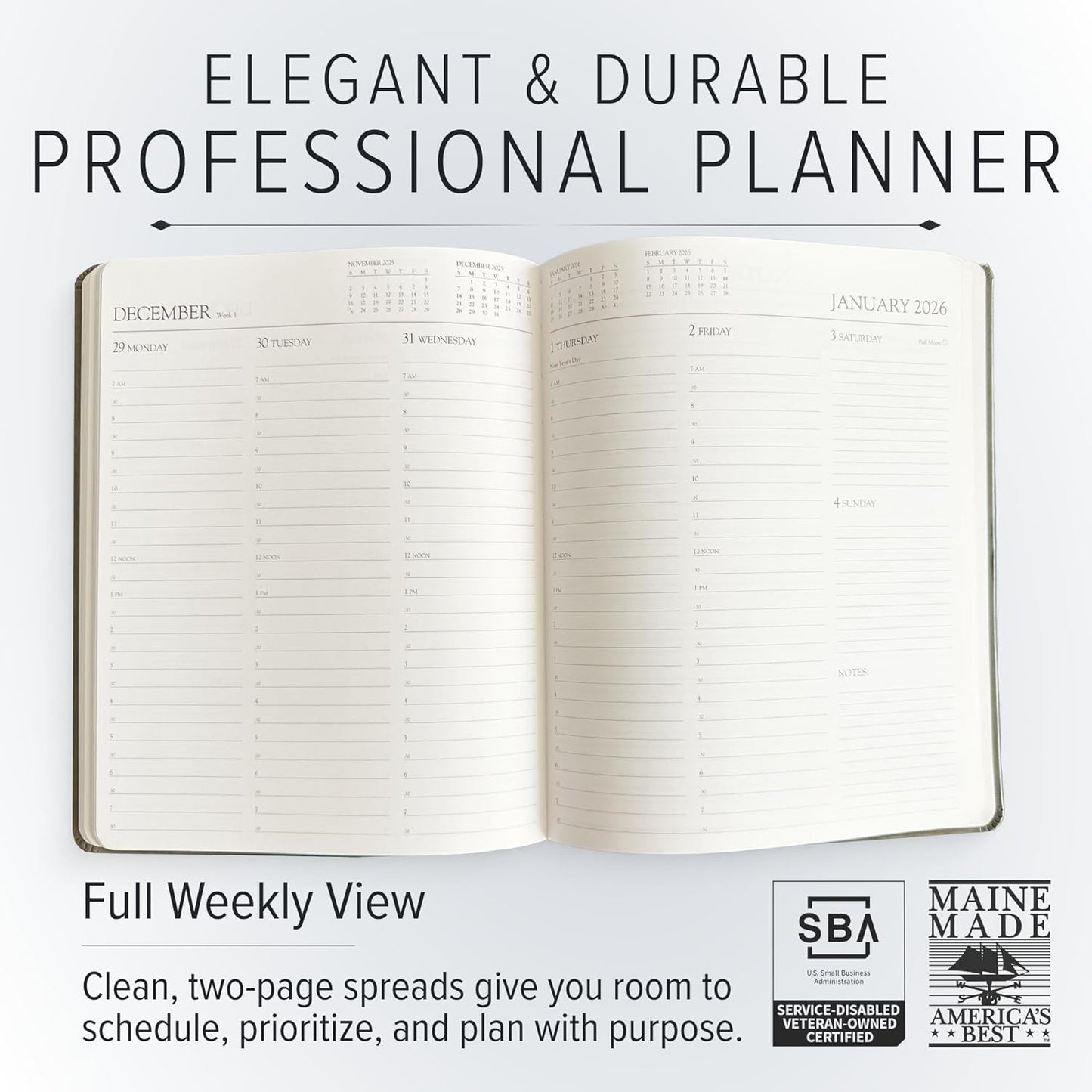 Gallery Leather Professional Weekly Monthly Planner 2026, Elegantly Bound Calendar Planner and Notebook with Stylish Gold-Gilded Page Edges, 12 Months - Acadia Wild Rose - 9 x 7 "