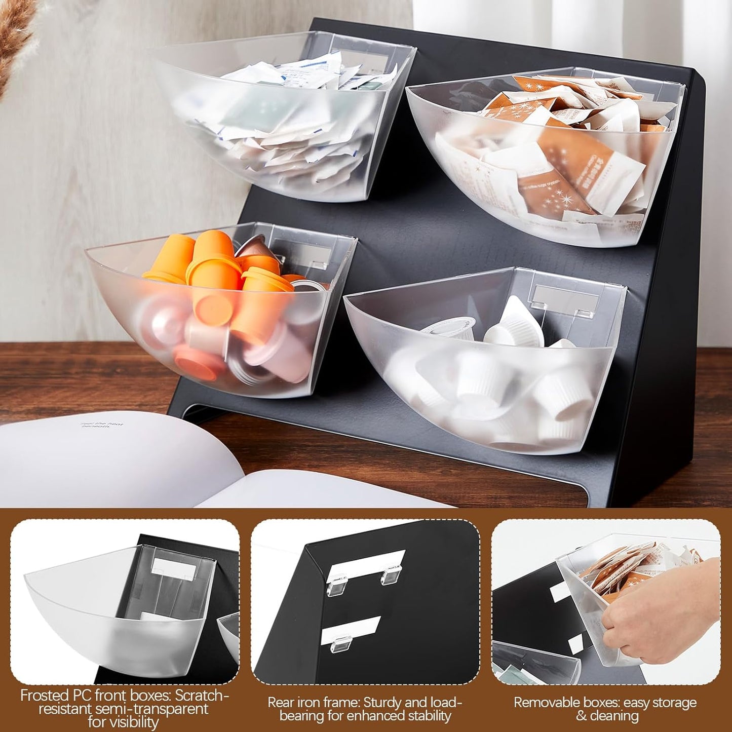 15.5 x 10 x 10.5 Inch Coffee Accessory Caddy with 4 Removable Compartments Steel Condiment Organizer Condiment Packet Sugar Holder for Bar Countertop Break Room Home Kitchen(Black)