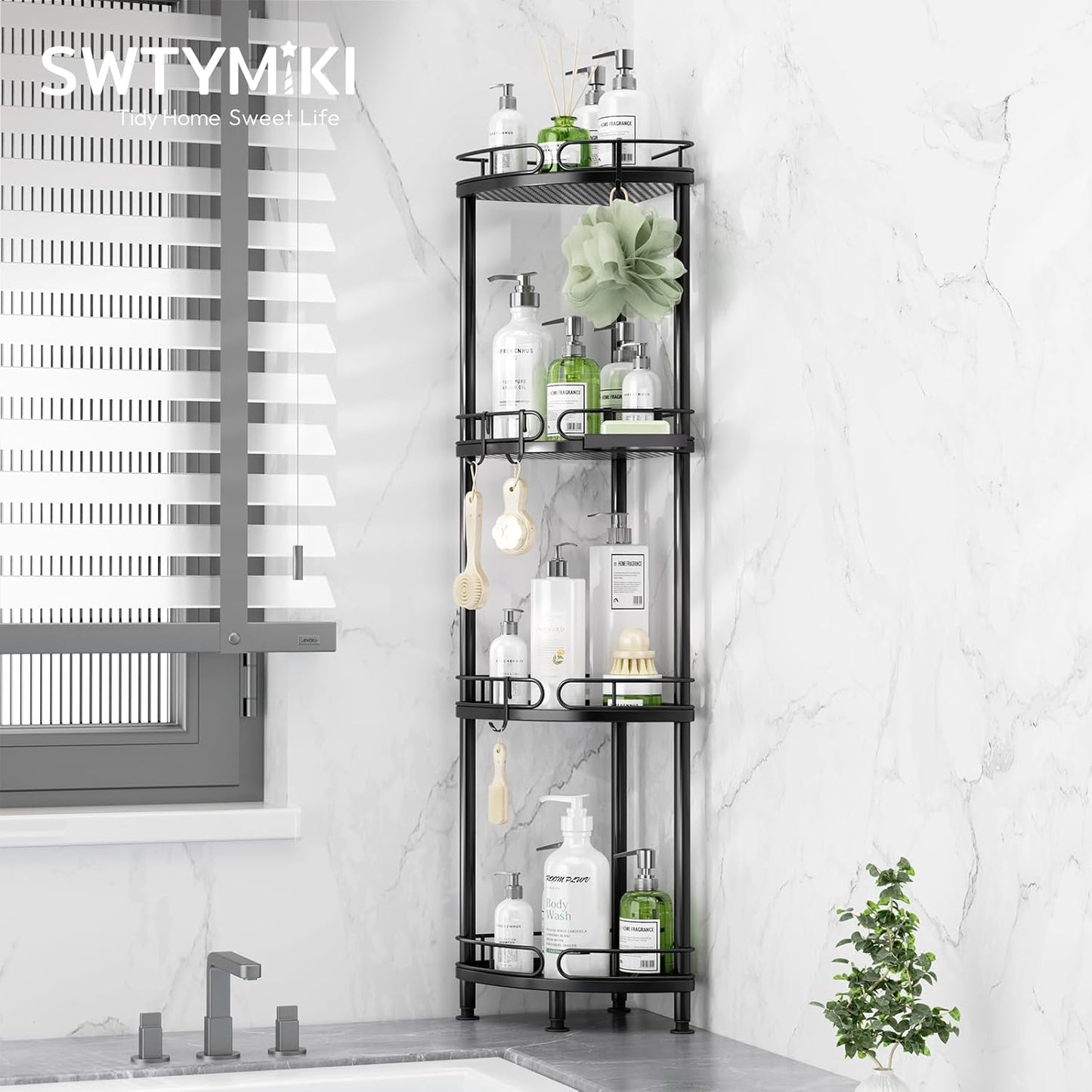 SWTYMIKI Corner Shower Caddy Standing - 4 Tier Stainless Steel Shower Organizer Stand with 4 Hooks & Soap Holder, Rustproof Metal Standing Tall Floor Shower Shelf and Bathroom Organizer, Black
