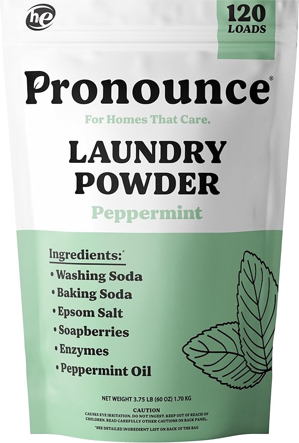Pronounce Laundry Detergent Powder Alternative | Non-Toxic, Eco-Friendly, Natural for Sensitive Skin, Eczema, and Babies. Stain + Smell Fighting. HE Safe (Peppermint, 120 Loads)