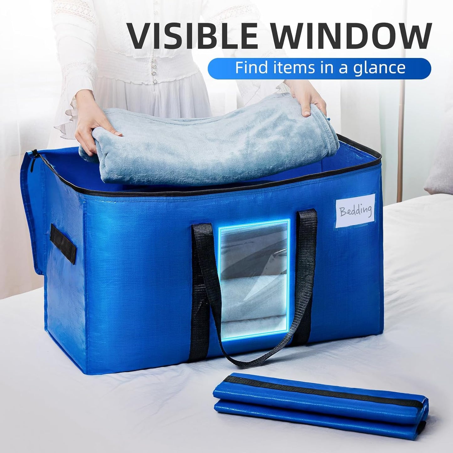 TAILI Extra Large Moving Bags, 2 Pack Blue Heavy Duty Totes For Storage with Visible Window, Wrap Around Handles, Storage Bags for Space Saving, Alternative to Moving Boxes