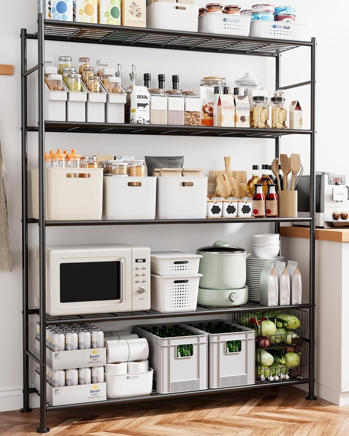 Storage Shelves - 5 Tier Shelf Organizer, Heavy Duty Garage Shelving Unit with Leveling Feet, Stable Metal Shelves Organizer for Pantry, Kitchen and Closet, 46.3" W x 12.6" D x 60.3" H, Black
