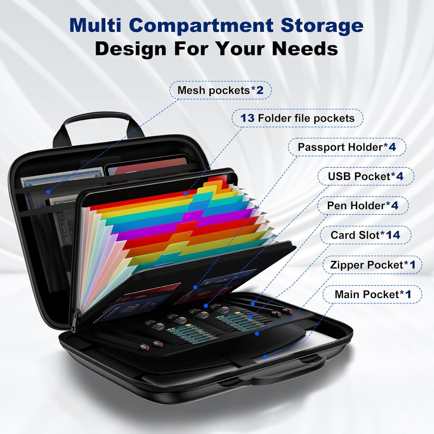 Fireproof Document Box, Hard Case Fireproof File Organizer with Lock and 13 Pocket Accordion File Folder, Portable Safe Box for Home Office Travel to Storage Important Documents Laptop Black