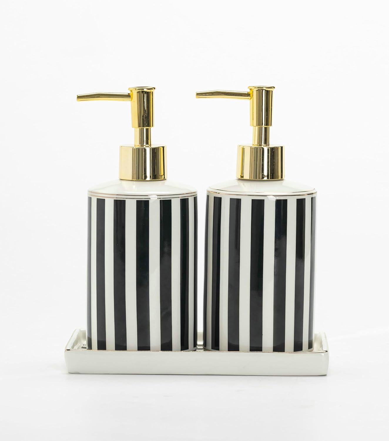 Luxury Black & White Ceramic Soap Dispenser Set with Gold Pump – 3-Piece Bathroom & Kitchen Accessories Set with Tray, Refillable Lotion & Dish Soap Pump Bottles, Elegant Modern Home Décor