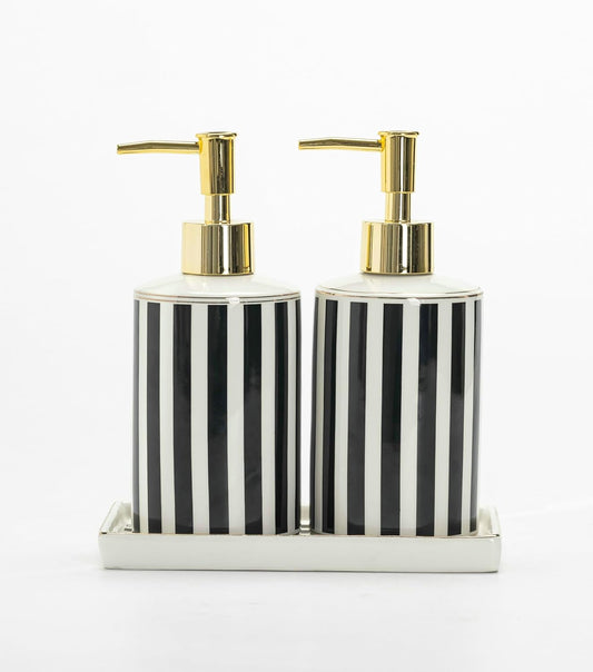 Luxury Black & White Ceramic Soap Dispenser Set with Gold Pump – 3-Piece Bathroom & Kitchen Accessories Set with Tray, Refillable Lotion & Dish Soap Pump Bottles, Elegant Modern Home Décor