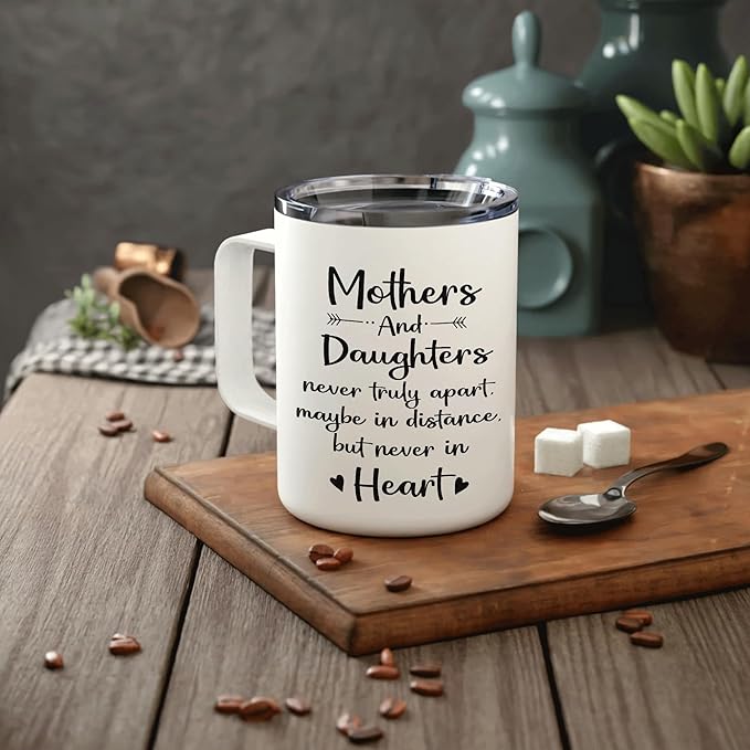 Hyturtle Mother Daughter Mug With Lid & Spoon Gifts on Christmas Birthday, 12oz Insulated Stainless Steel, Daughter Gifts from Mom, Mothers & Daughters, Long Distance Gift Ideas Coffee Tea White Cup