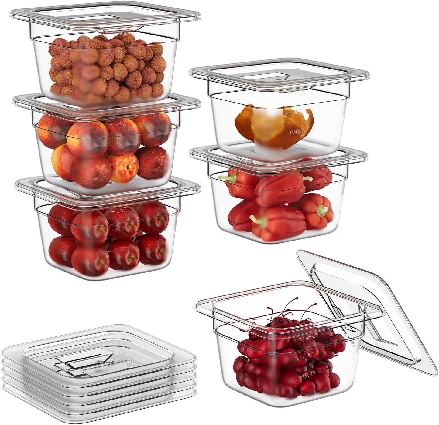 1/6 4" 6 Pack Plastic Food Pans With Lids, Clear Food Pan, Commercial Stackable Polycarbonate Freezer-Safe for Fruits Vegetables Restaurant Kitchen