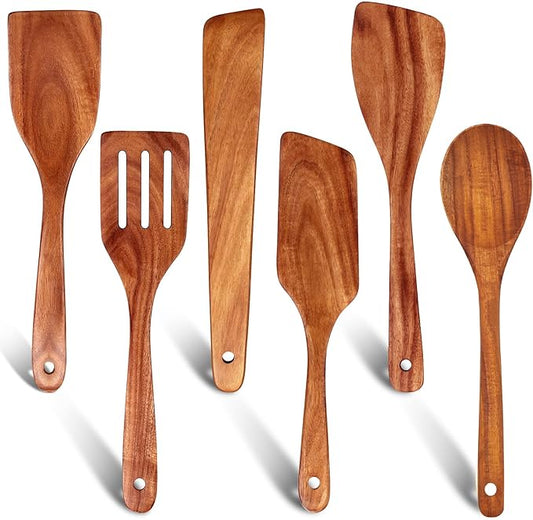 6 Pcs Best Flat Wood Spatula Set Teak Wooden Spoon for Cooking Utensils Slotted Turner Spatula Non Toxic Kitchen Utensil Set Scraper Spurtle Serving Turner Bamboo Cooking Spoons Egg Flipper Spatulas
