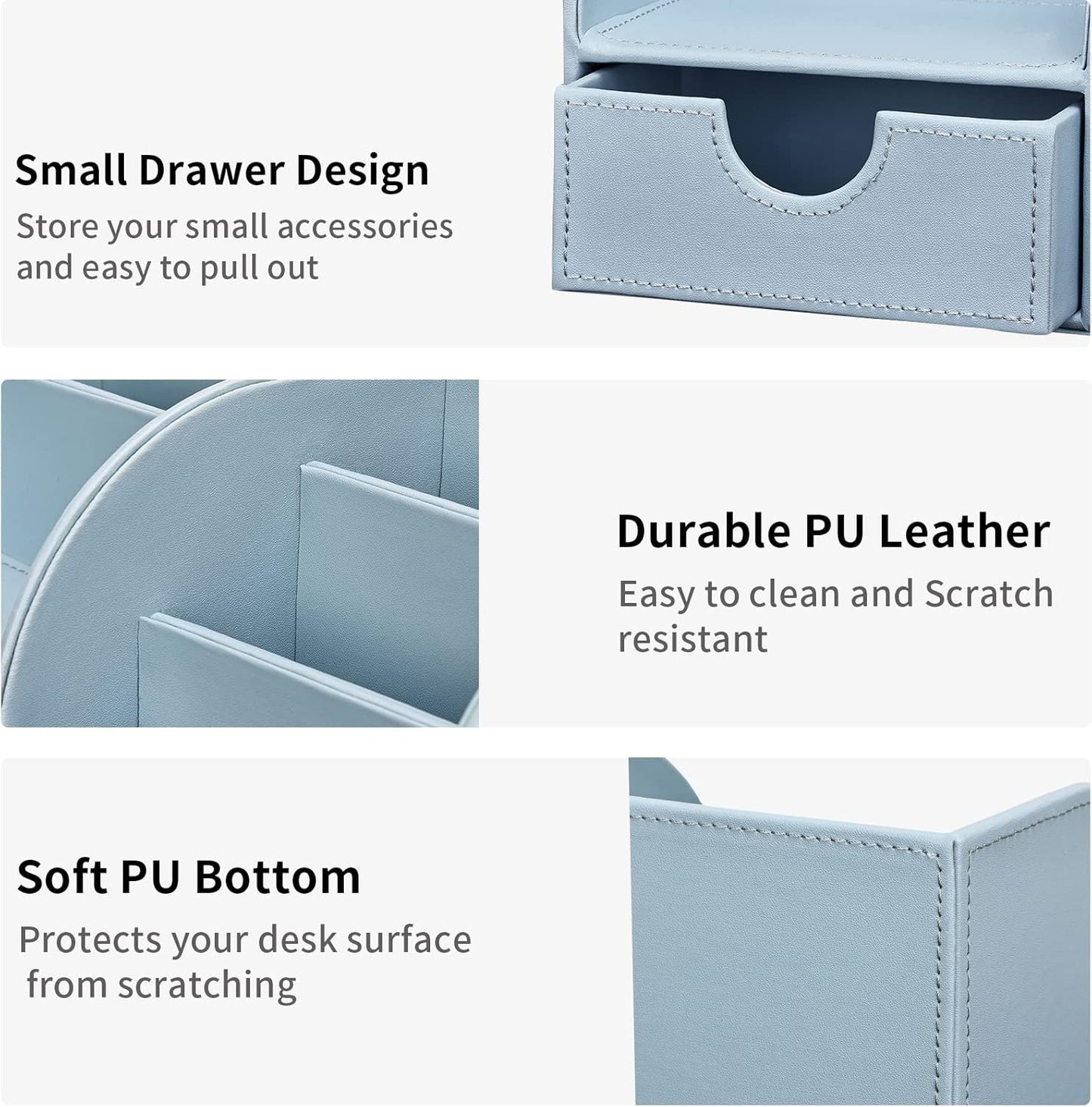 KINGFOM Pu Leather Desk Organizer Pen Pencil Holder Office Supplies Caddy Storage Box 6 Compartments with Drawer Blue