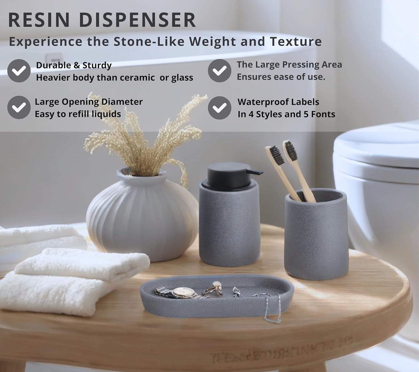 Grey Bathroom Accessories Set, 3 Pcs Resin Bathroom Accessories Complete Set, Sandstone Look Soap Dispenser with Large Pump, Toothbrush Cup, Soap Dish for Modern Home Decor and Kitchen