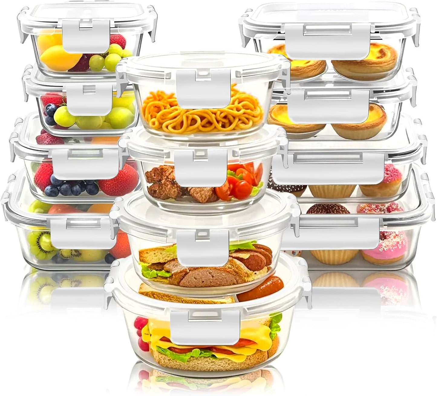 12 Pack Glass Lunch Meal Prep Containers with Lids Airtight Leakproof, Stackable for Microwave, Oven, Freezer and Dishwasher Safe (White)