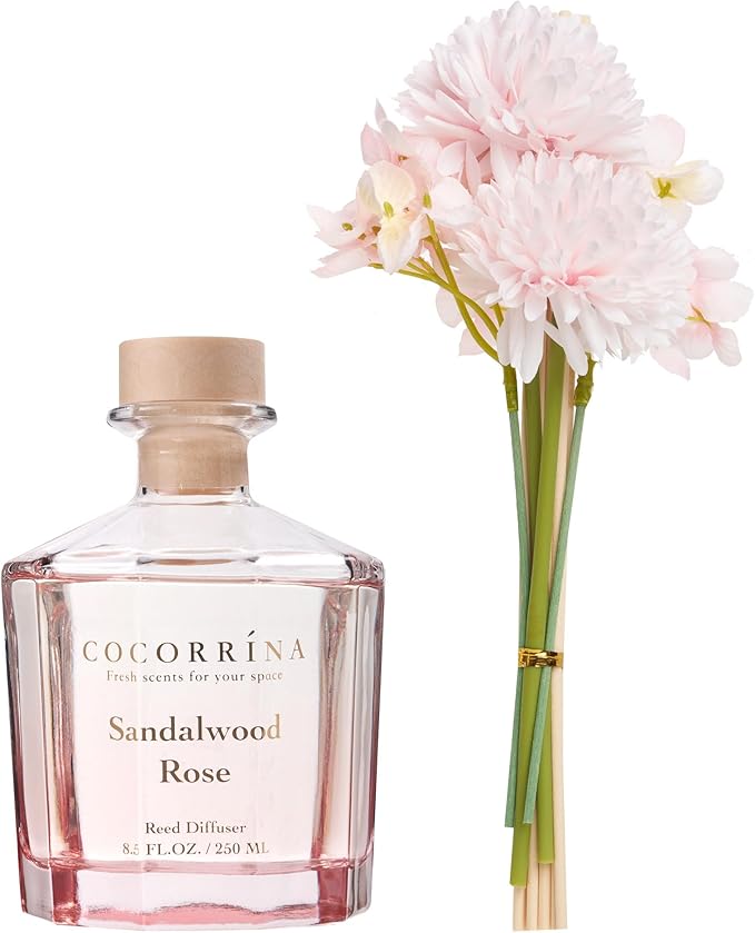 COCORRÍNA Reed Diffuser - Sandalwood Rose 8.5oz Flower Reed Diffuser Set with 8 Sticks, Home Fragrance Reed Diffuser for Home Bedroom Office Bathroom Shelf Decor (Master Collection)