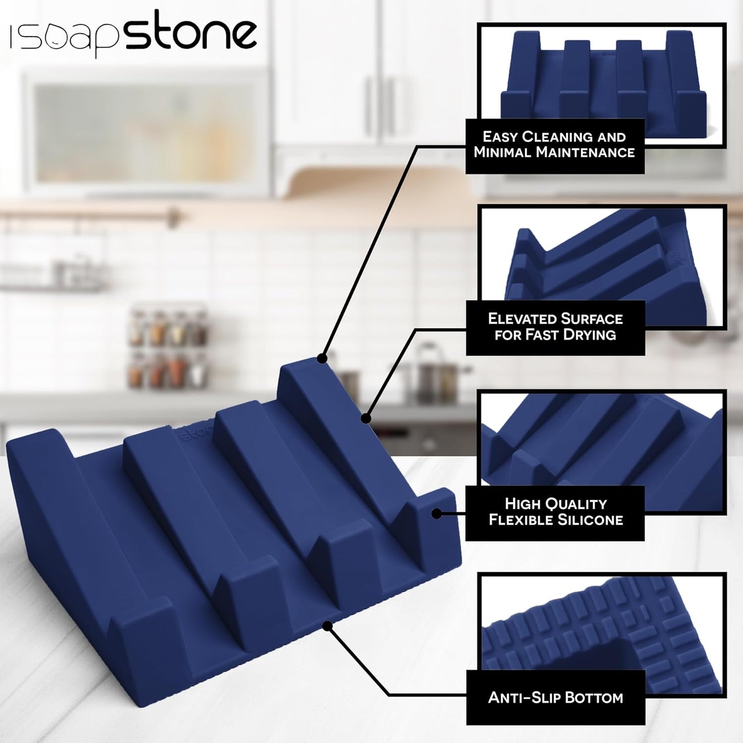 Silicone Soap Dish (USA Patented) Self Draining Bar Soap Holder for Shower Bathroom Sink, Drying Soap Dish Tray Kitchen Sponge Holder Easy Cleaning Soap Saver Mat (Midnight Navy, 1)