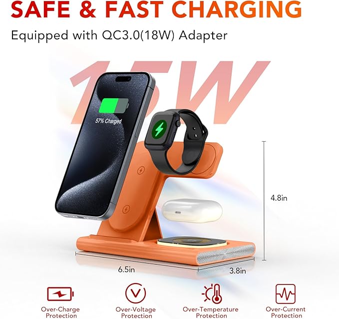 3 in 1 Charging Station for iPhone 17 - Wireless Charger for Apple Products for iPhone 17 16 15 14 13 12 11 Pro Max - Foldable Wireless Charging Station Dock Stand for iWatch Series & AirPods(Orange)