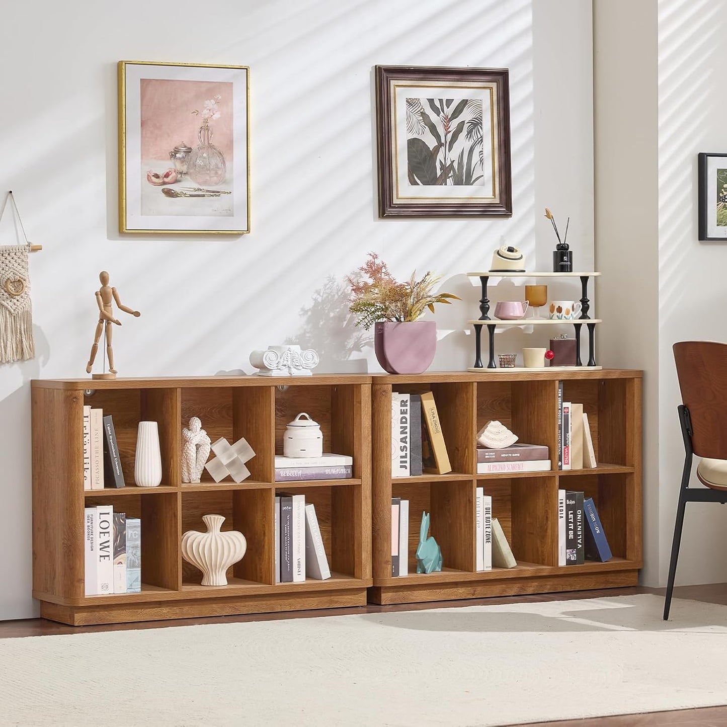 6 Cube Storage Book Shelf, 40" Wide Low Horizontal Bookcase with Curved Edge, Floor Standing 2-Tier Wooden Bookshelf with Base, Modern Short Book Case for Bedroom, Study, Entryway, Brown