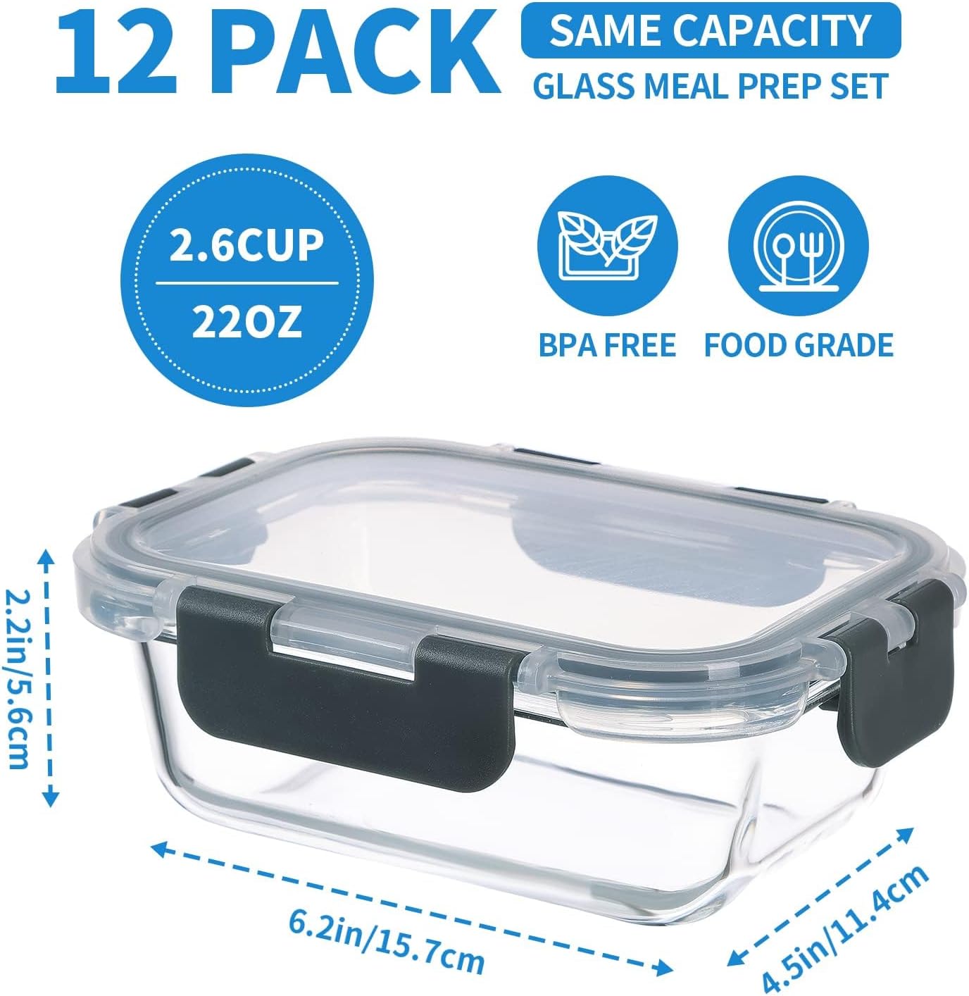 12 Pack 22oz Glass Meal Prep Containers, Food Storage Containers with Lids, Air-Tight, Leak-Resistant, Freezer to Microwave Safe - Grey Set
