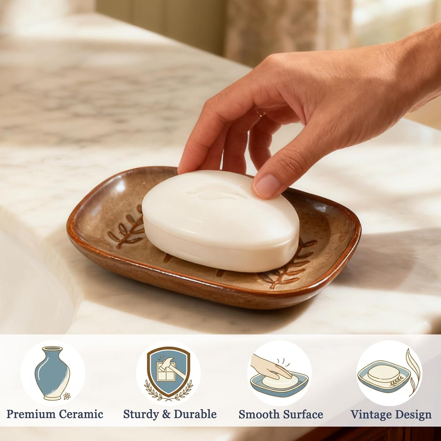 Aesthetic Ceramic Soap Dish for Shower, Soap Holder with Raised Relief, Shower Soap Dish for Shampoo Bar Or Sponge, Soap Saver for Bathroom, Kitchen, Sink, Decorative Soap Tray (Brown)