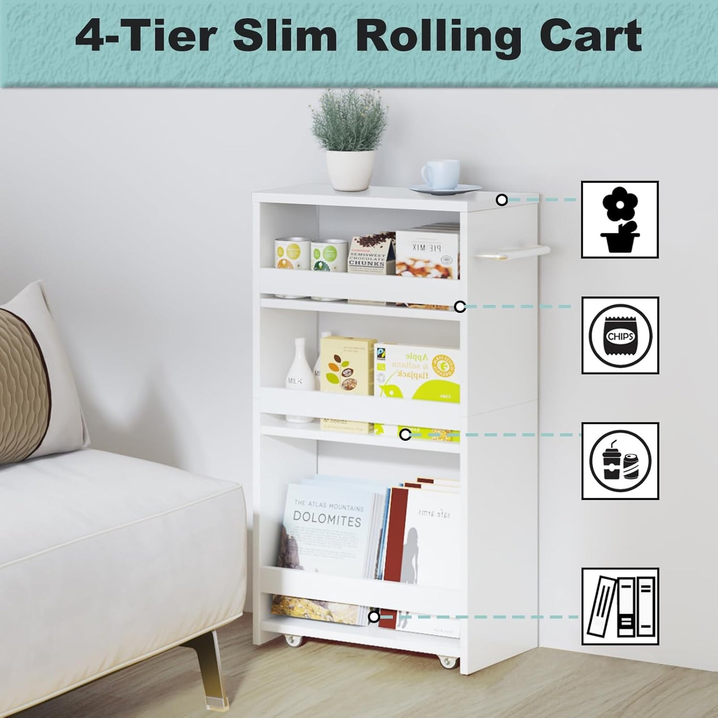 MARTY Rolling Storage Cart 7.9" W, 4-Tier Kitchen Cart with Wheels Handle, Slim Storage Cart Mobile Shelving Utility Carts for Bathroom Laundry Room Organization Narrow Places (All White)