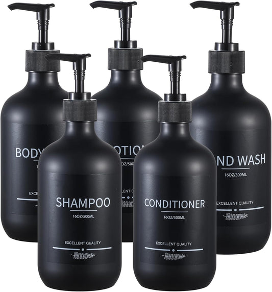 Reusable Shampoo and Conditioner Bottles (5Pack Matte Black) Plastic 16.9oz Dispenser for Conditioner,Shampoo Containers for Shower