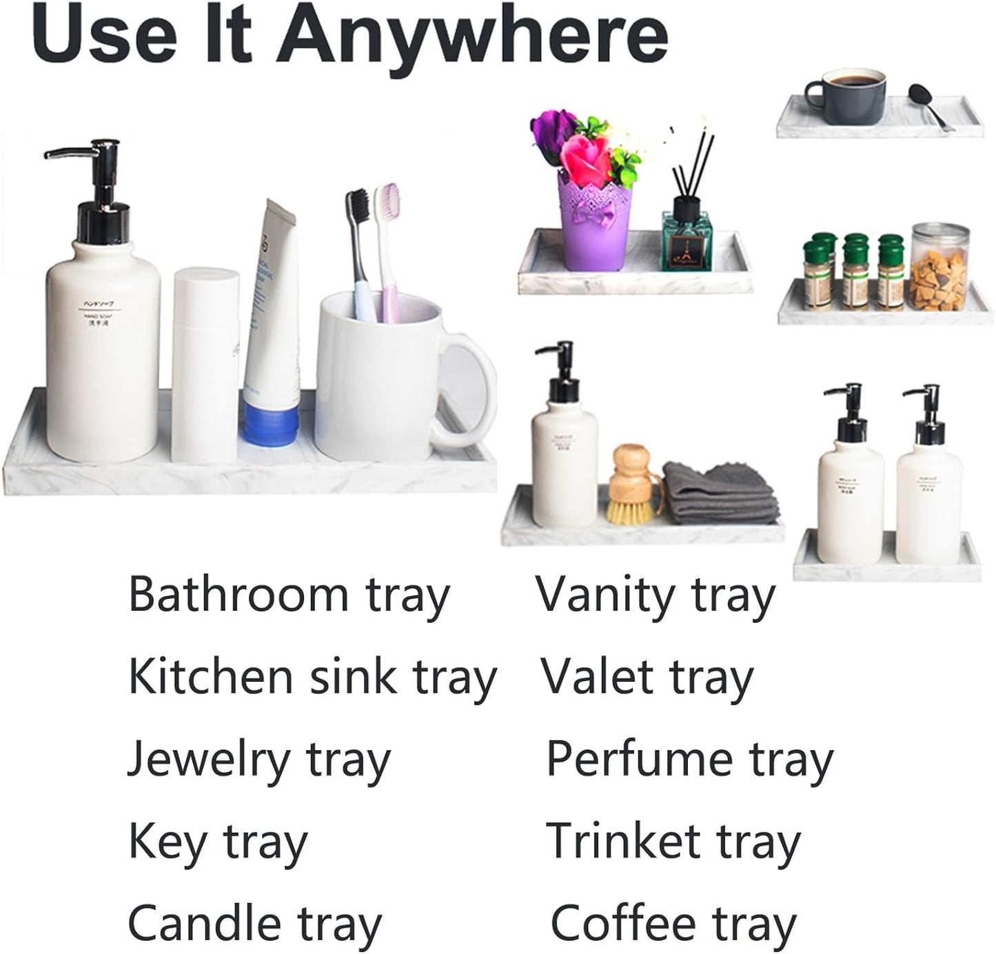 DNC Silicone Bathroom Tray for Counter, 2PC (7.9" +11.8") Vanity Tray for Countertop, Kitchen Sink Soap Tray for Dish Holder Dispenser Toilet Tank Desk Organizer Marble White