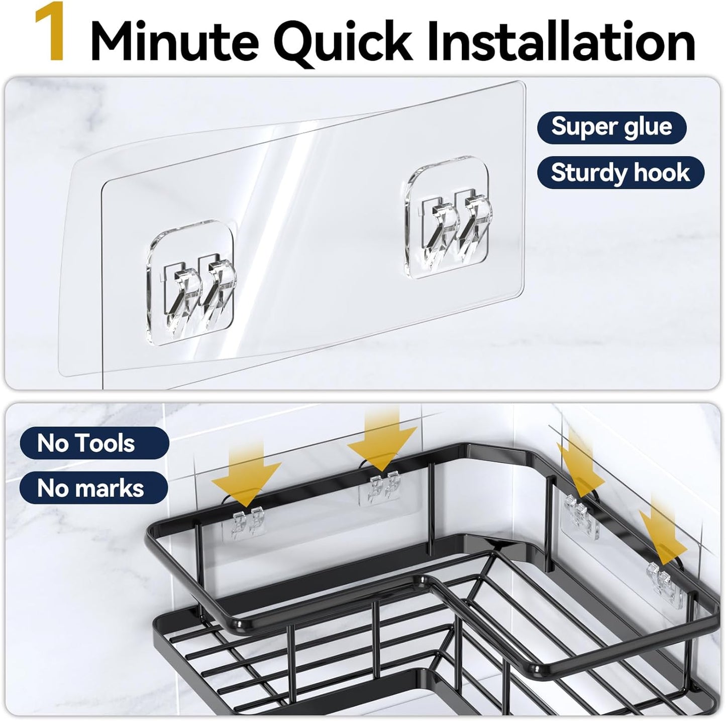 YASONIC Shower Caddy Corner, 3-Pack Adhesive Rustproof Stainless Steel Shower Shelves with Soap Holder, No Drilling Shower Organizer Corner for Dorm, Renters Bathroom, Black
