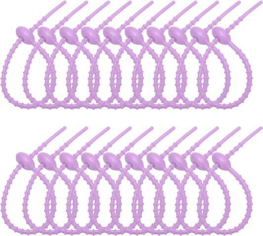 PATIKIL 8 Inch Silicone Cable Ties, 20pcs Rubber Reusable Twist Zip Ties Organizer for Home Office Kitchen Food bags Wires Adjustable Bag Clip, Light Purple
