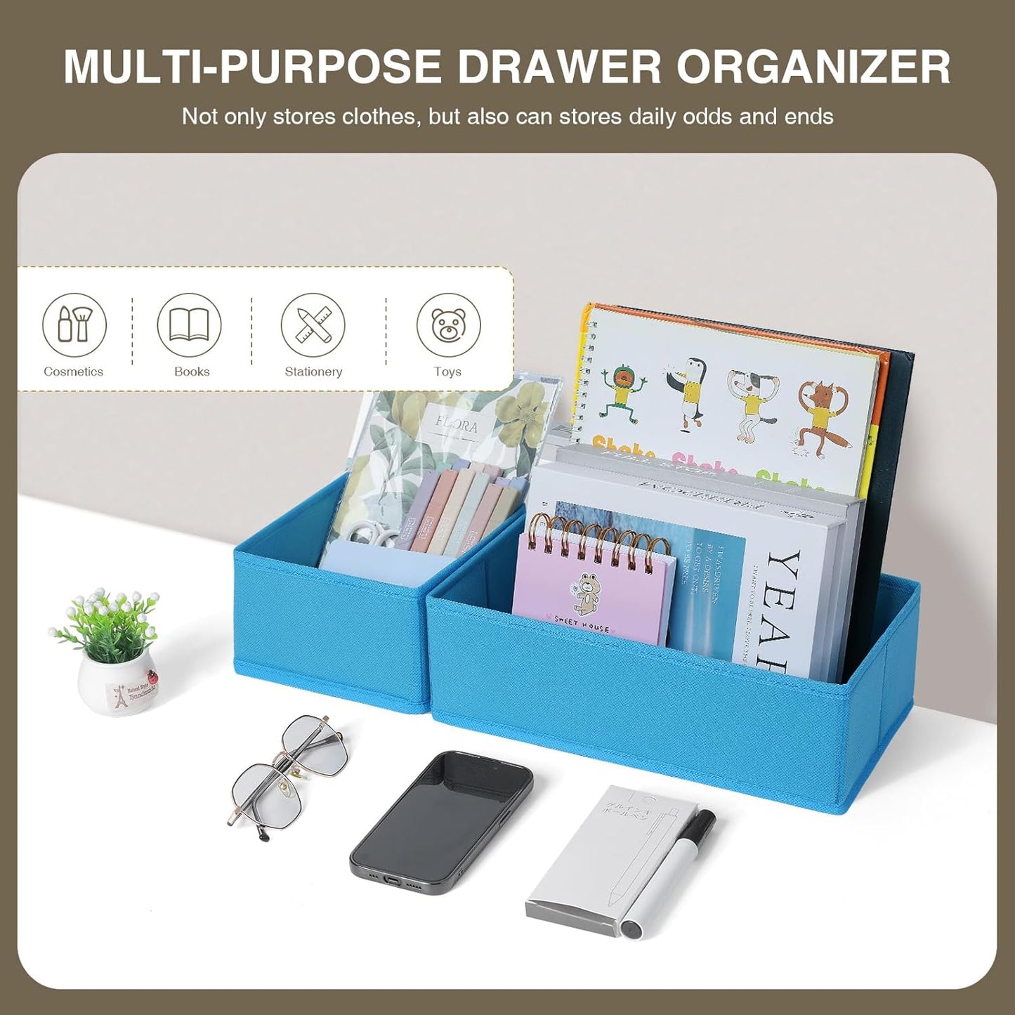 DIMJ Drawer Organizers - Set of 4 Fabric Closet Organizers and Storage, Drawer Dividers for Baby Clothes, Socks, Belt, Tie (Blue)