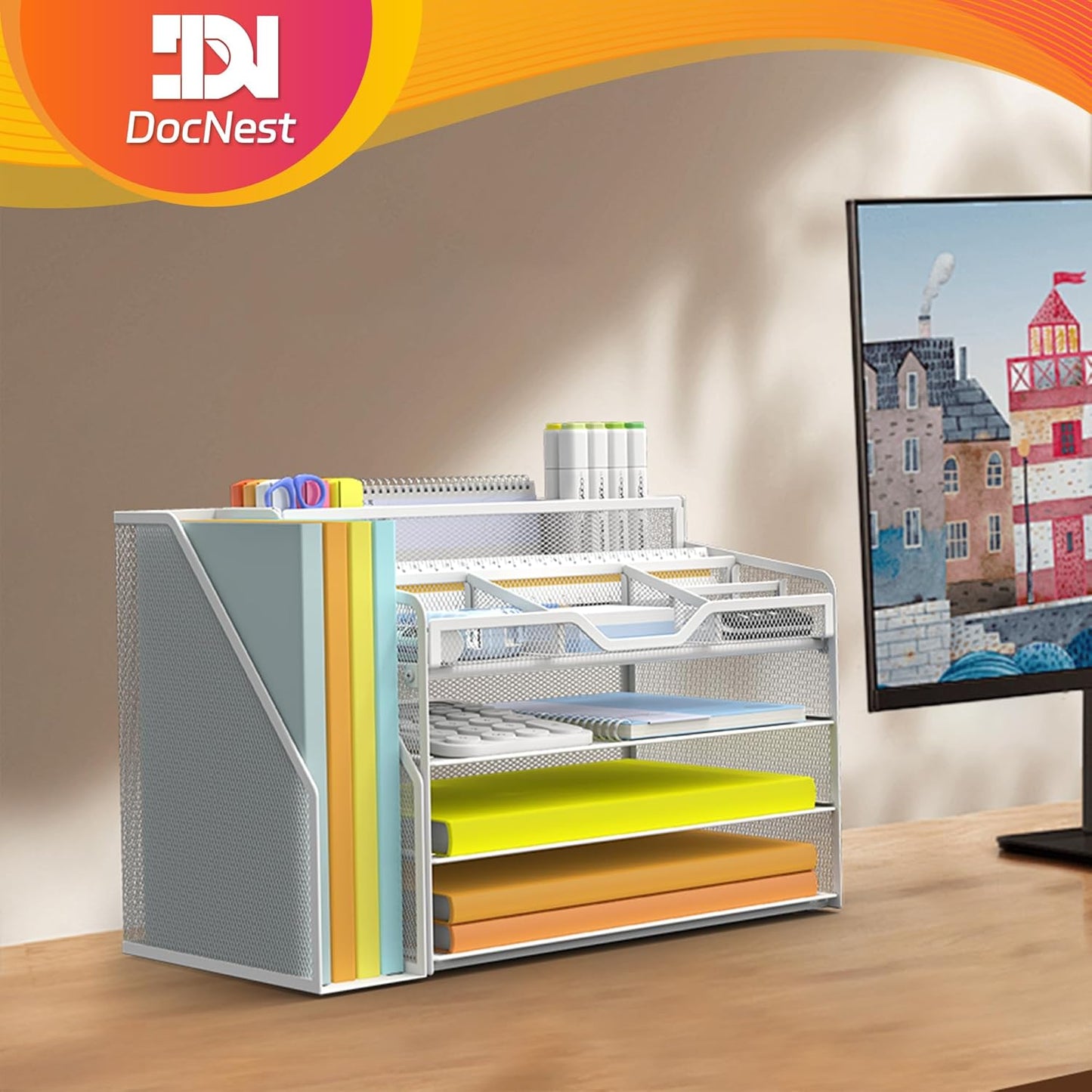 Docnest 4 Tier Mesh Desk Organizer with File Holder – Multi-Functional Paper Letter Tray with 5 Adjustable Compartments, 3 Pen Holders, Desktop Storage for Files, Mail, Stationery – White