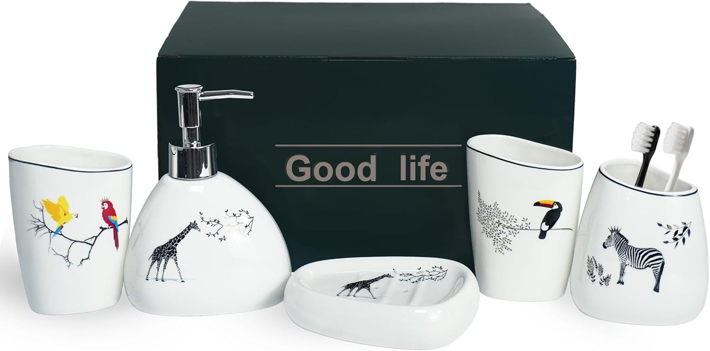 5 Piece Ceramic Bathroom Accessory Set with Animal Pattern, Includes Soap Dispenser, Toothbrush Holder, Soap Dish & 2 Mouthwash Cups, Modern Elegant Countertop Decor for Bathroom Vanity