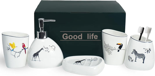 5 Piece Ceramic Bathroom Accessory Set with Animal Pattern, Includes Soap Dispenser, Toothbrush Holder, Soap Dish & 2 Mouthwash Cups, Modern Elegant Countertop Decor for Bathroom Vanity