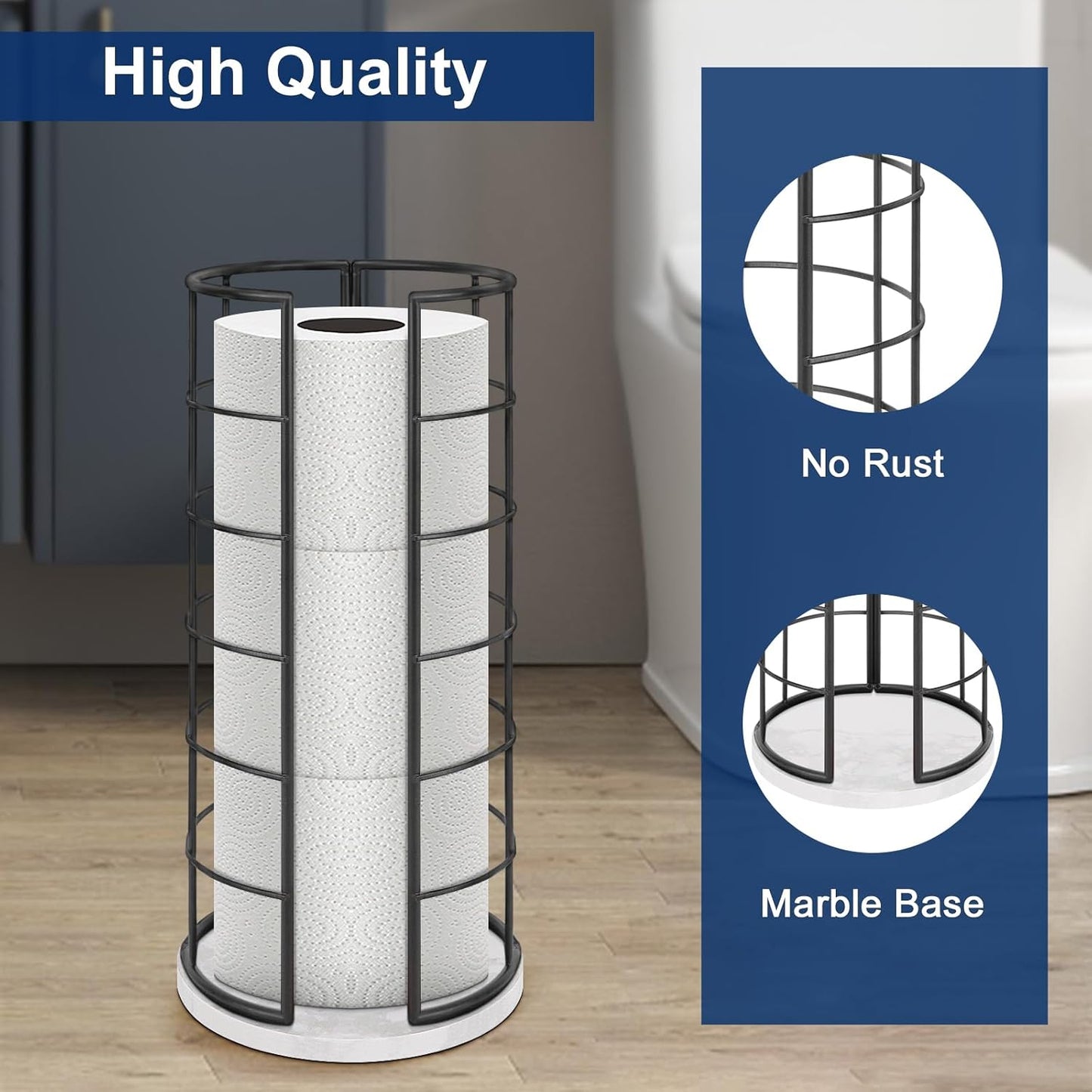 NearMoon Toilet Paper Organizer Stand, Free Standing 3 Rolls Tissue Storage, Metal Bathroom Accessory, Rustproof Toilet Roll Holder for Kitchen Countertop Inside Cabinet Shelf(Marble Base,Matte Black)