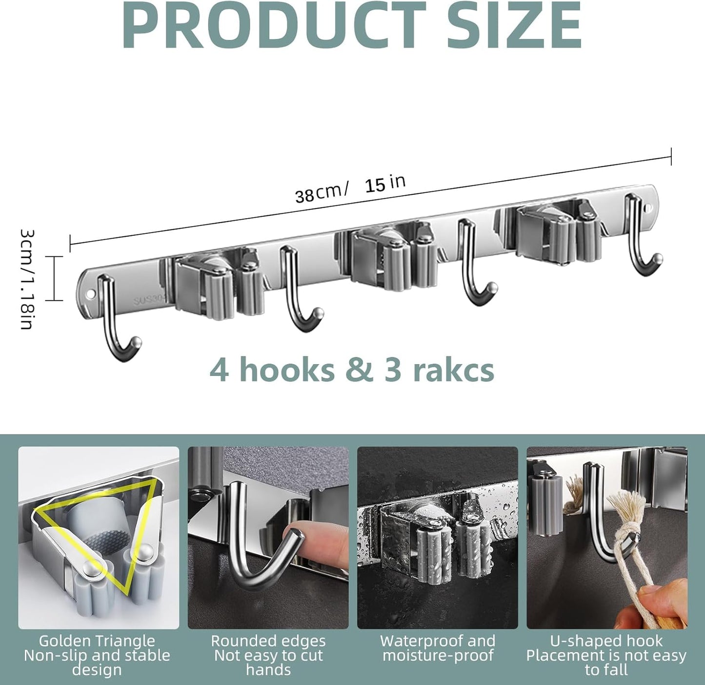 Mop and Broom Holder Wall Mount, Stainless Steel Broom Mop Hanger, Wall Mounted Garden Tool Rack Organizer for Garage Closet Laundry Room Kitchen Decor (3 Racks with 4 Hooks, Silver)