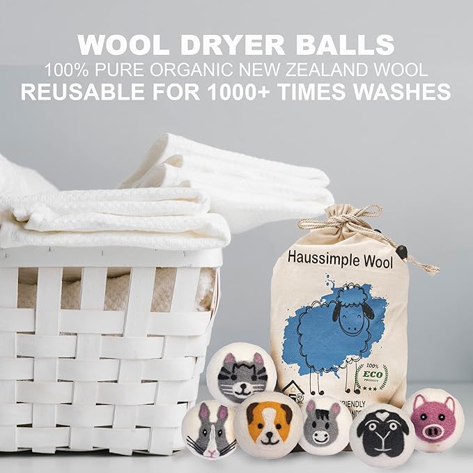 Wool Dryer Balls – 6-Pack XL Organic Fabric Softener | Natural Handmade Sheep Wool | Reusable, Anti-Static, Lint & Wrinkle Remover | Safe for Baby & Sensitive Skin (Farm)