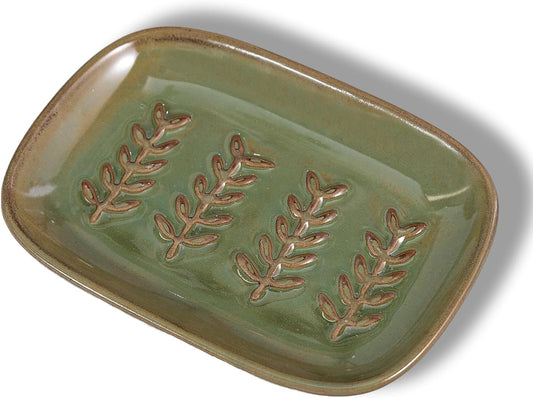 Aesthetic Ceramic Soap Dish for Shower, Soap Holder with Raised Relief, Shower Soap Dish for Shampoo Bar Or Sponge, Soap Saver for Bathroom, Kitchen, Sink, Decorative Soap Tray (Green)