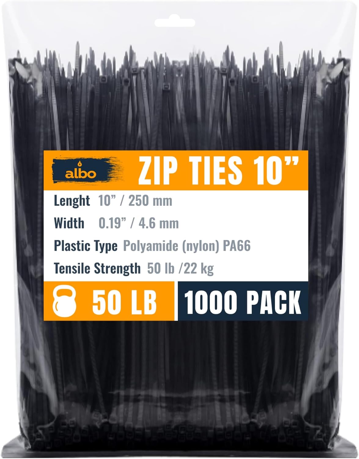 ALBO Zip Ties Black 10 Inch 1000 Pack 50 lb, Long Plastic Cable Ties Thick 0.19 Inch Tie Wraps Heavy Duty UV Resistant Nylon Wire Ties for Indoor and Outdoor