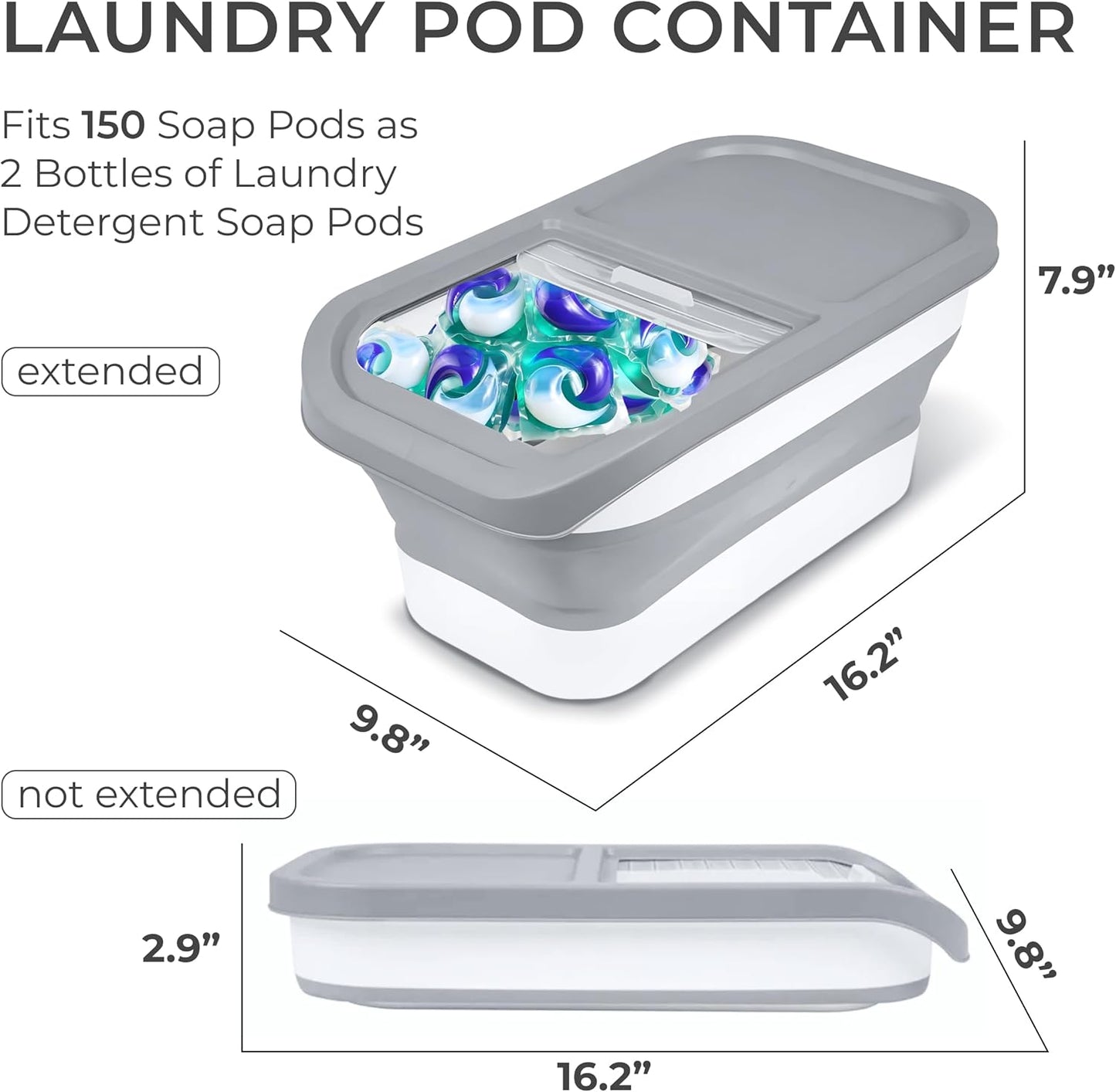 Skywin Grey Modern Expandable Laundry Pod Container, 16.2 x 9.8 x 7.9 In, Holds 11 Pounds OR 120-150 Pods