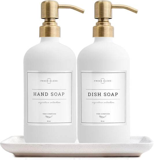 Vine Creations Glass Soap Dispenser, 2 Pack Kitchen Soap Dispenser Set with Ceramic Tray, Stainless Steel Pump, Dish Soap and Hand Soap Dispensers for Bathroom or Kitchen Decor with Waterproof Labels