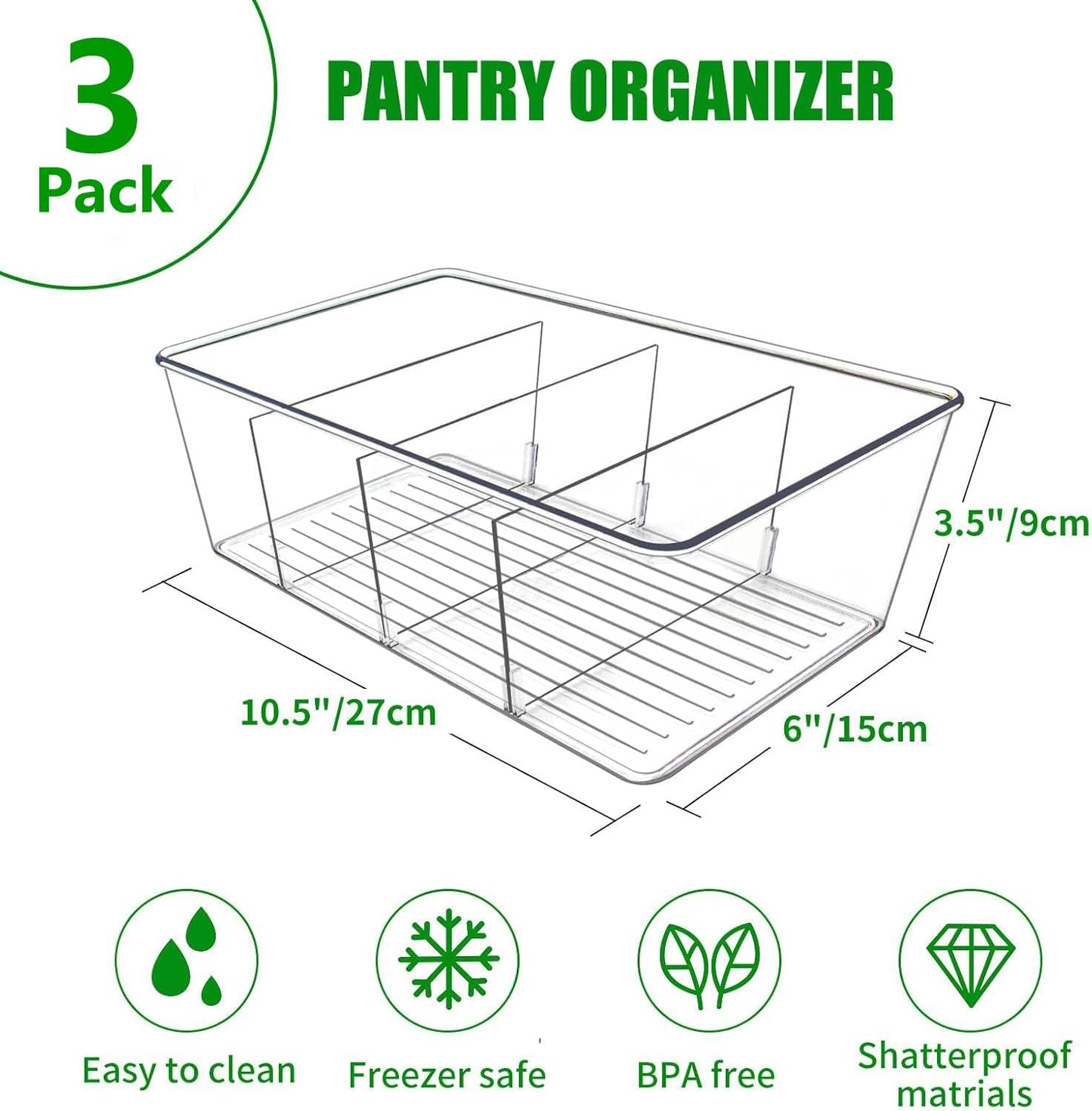 Pantry Organizers and Storage,Kitchen Organizers and Storage for Fridge,Drawer and Refrigerator - Spice Organization for Cabinet,Clear Plastic Stackable Storage Organizer Bins with 3 Dividers (3 Pcs)