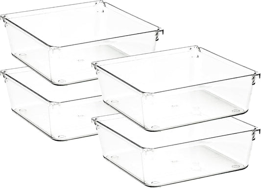 4 Pack Drawer Organizer - 6" X 6" Clear Acrylic Storage Bins with Non-Slip Pads, Versatile Desk Tray for Makeup, Jewelry, Kitchen, Bathroom, and Office Organization