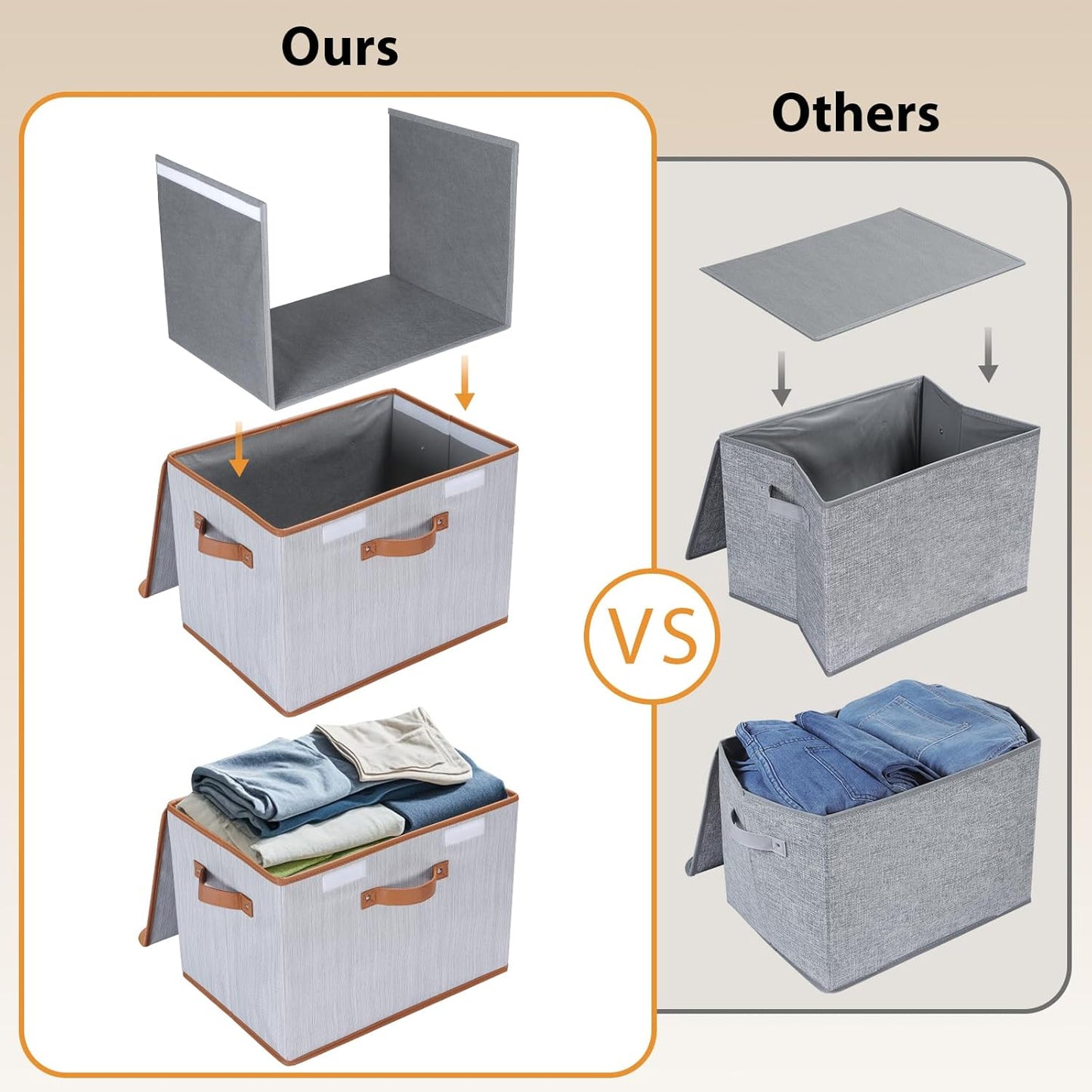 Univivi Heavy Duty Fabric Storage Bins with Lid, Large 17" 10 Gallon Stackable Storage Bins with Leather Handles, Decorative Storage Boxes with Lids for Bedroom, Closet, Nursery, Office, 3-Pack(Grey)