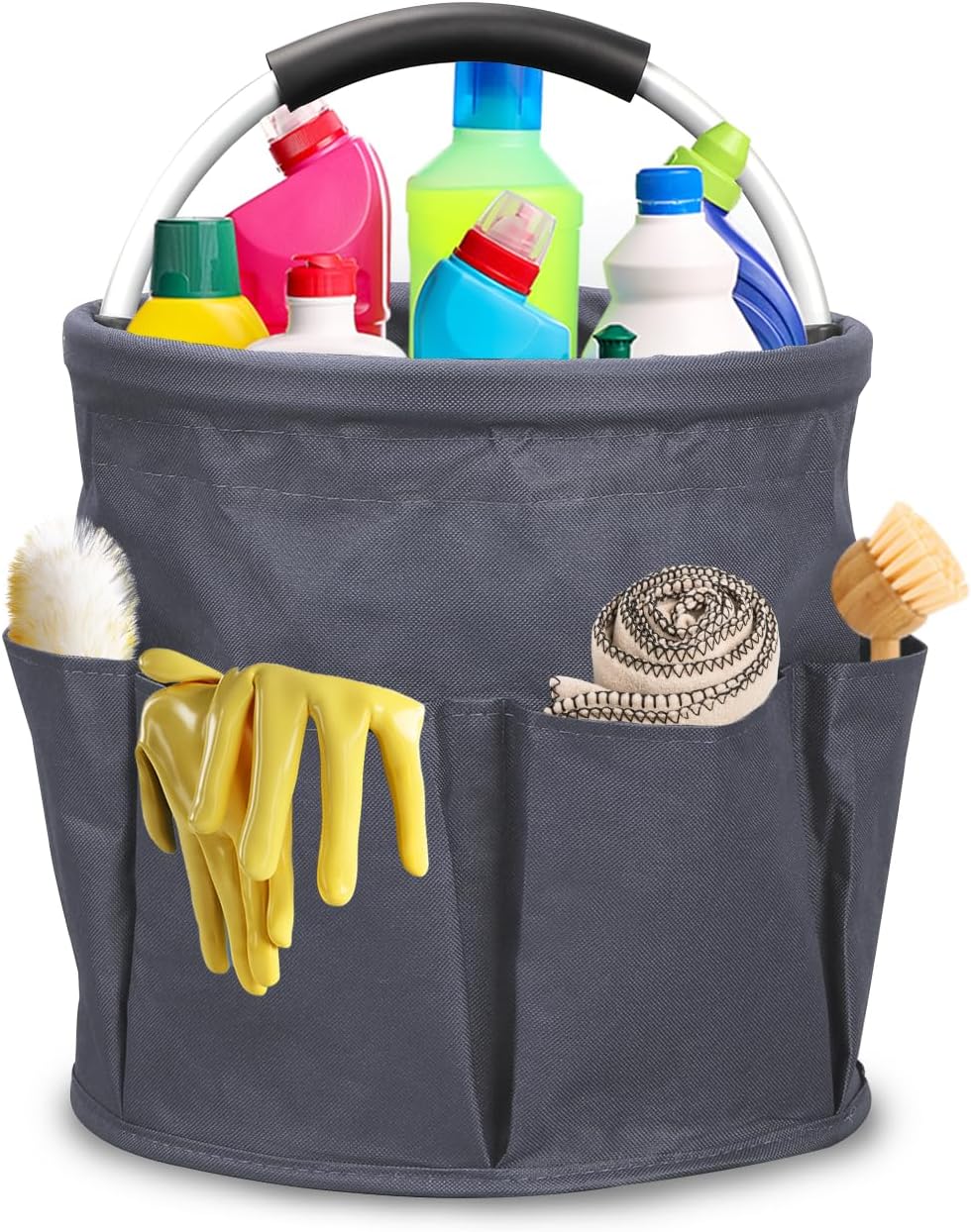 Cleaning Caddy with Handle, 17L Cleaning Supply Caddy Foldable Bucket Organizer Cleaning Products Organizers Cleaning Tools Bag 4.5 Gallon (Dark Gray)