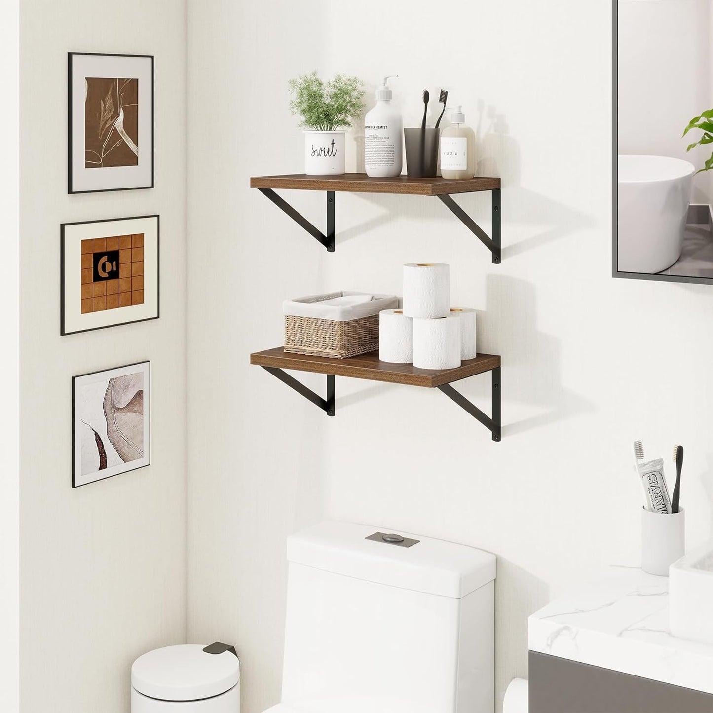 Axeman Deep Floating Shelves for Wall - 10 Inch Deep Floating Shelves Set of 2-16" W x 10" D Walnut Wall Shelves for Living Room Bathroom Bedroom